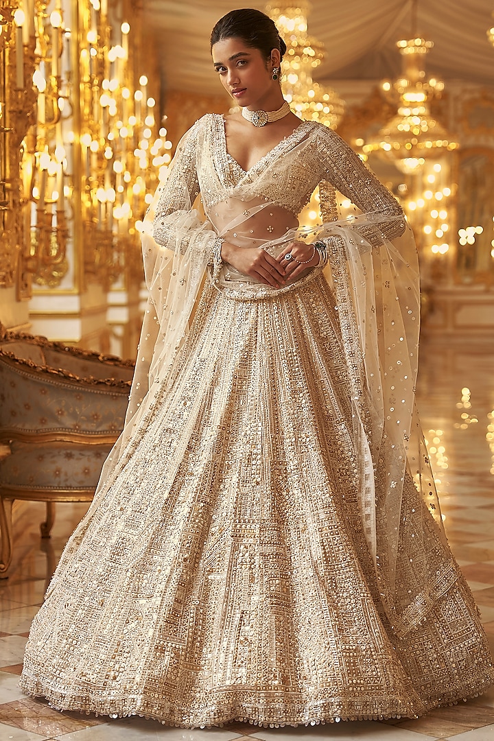 Ivory Net Sequins Embroidered Bridal Lehenga Set by Seema Gujral at Pernia's Pop Up Shop