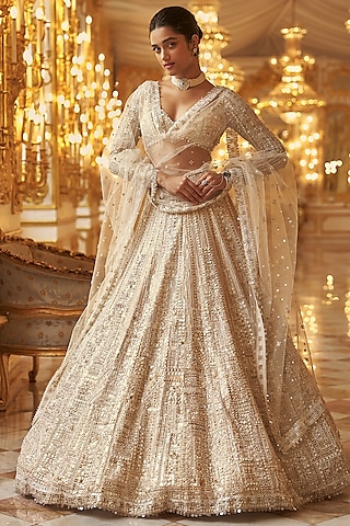 Ivory Net Sequins Embroidered Lehenga Set by Seema Gujral