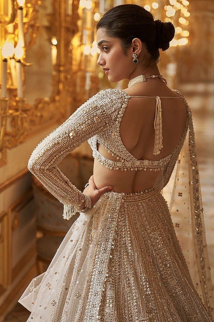 Ivory Net Sequins Embroidered Bridal Lehenga Set by Seema Gujral at Pernia's Pop Up Shop