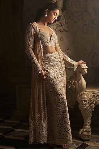 Nude Net Sequins Embroidered Jacket Set by Seema Gujral