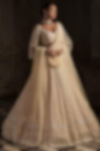 Cream Net Pearl Embroidered Bridal Lehenga Set by Seema Gujral at Pernia's Pop Up Shop