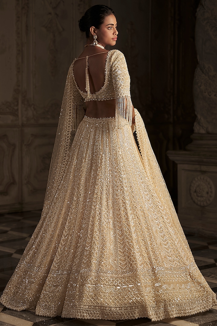 Cream Net Pearl Embroidered Bridal Lehenga Set by Seema Gujral at Pernia's Pop Up Shop