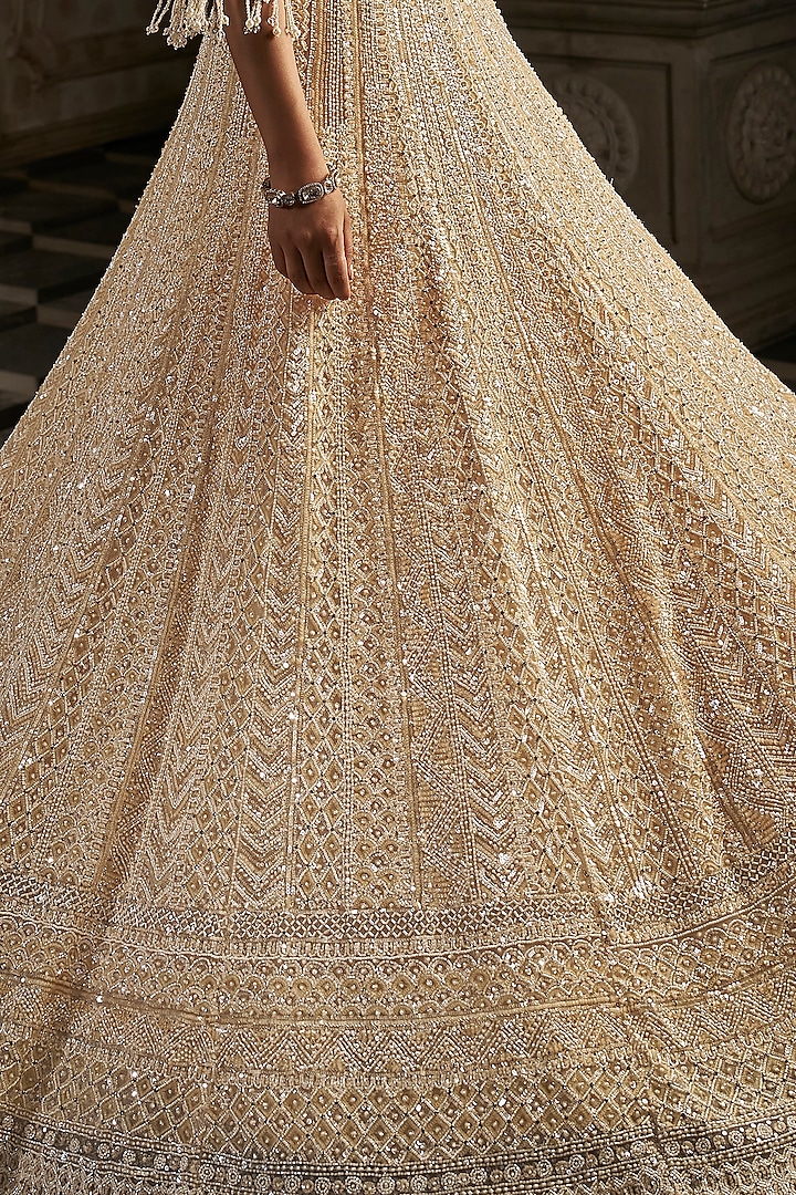 Cream Net Pearl Embroidered Bridal Lehenga Set by Seema Gujral at Pernia's Pop Up Shop