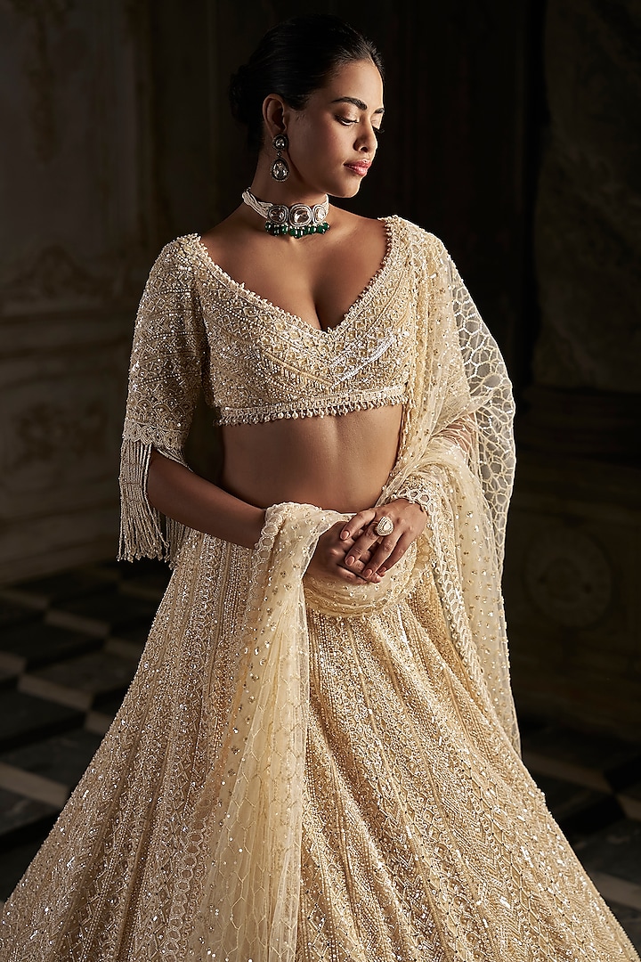Cream Net Pearl Embroidered Bridal Lehenga Set by Seema Gujral at Pernia's Pop Up Shop