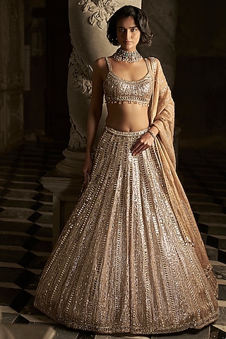 Gold Net Mirror & Sequins Embroidered Lehenga Set by Seema Gujral