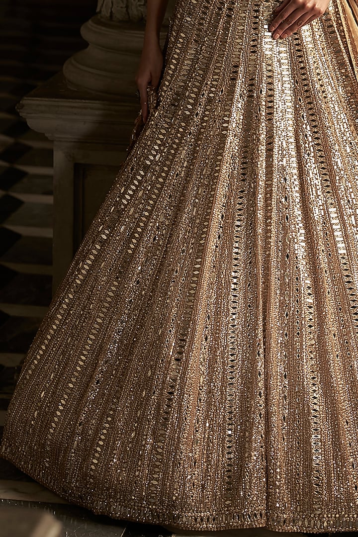Gold Net Mirror & Sequins Embroidered Bridal Lehenga Set by Seema Gujral at Pernia's Pop Up Shop