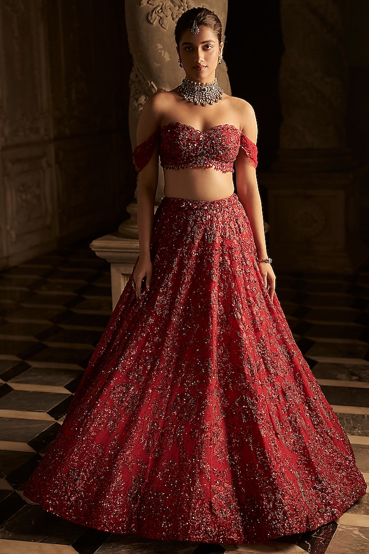 Red Net Sequins Embroidered Bridal Lehenga Set by Seema Gujral at Pernia's Pop Up Shop