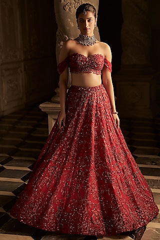 Red Net Sequins Embroidered Lehenga Set by Seema Gujral
