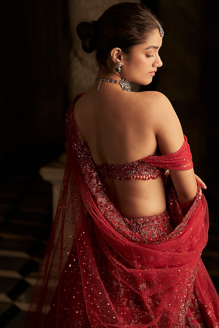 Red Net Sequins Embroidered Bridal Lehenga Set by Seema Gujral at Pernia's Pop Up Shop