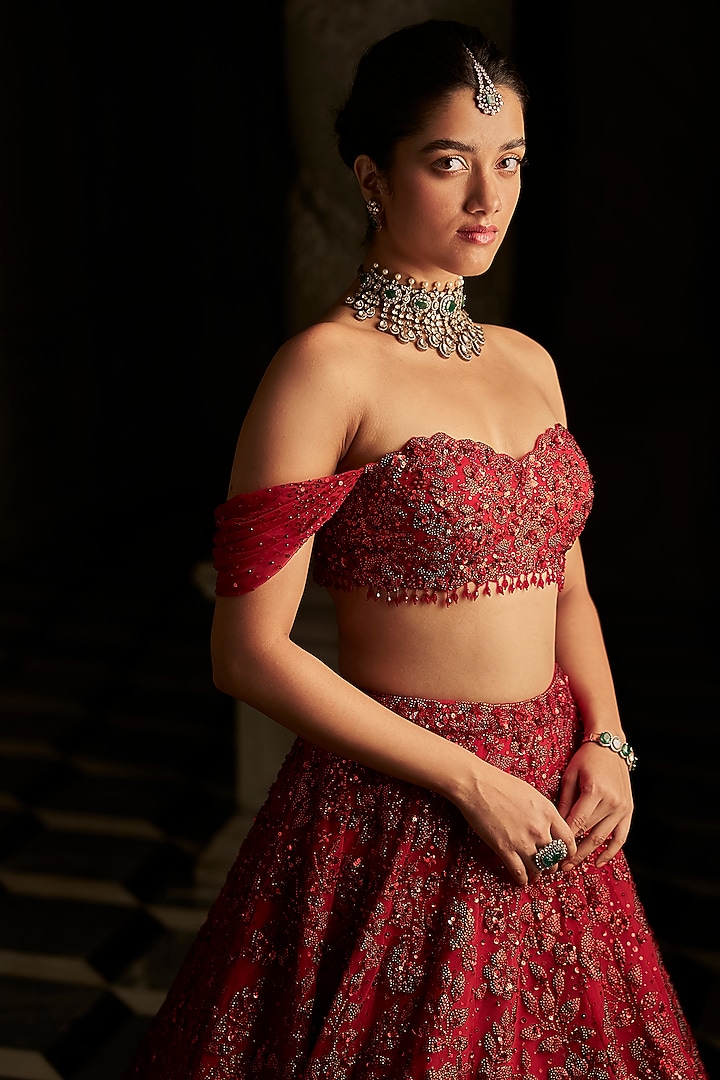 Red Net Sequins Embroidered Bridal Lehenga Set by Seema Gujral at Pernia's Pop Up Shop