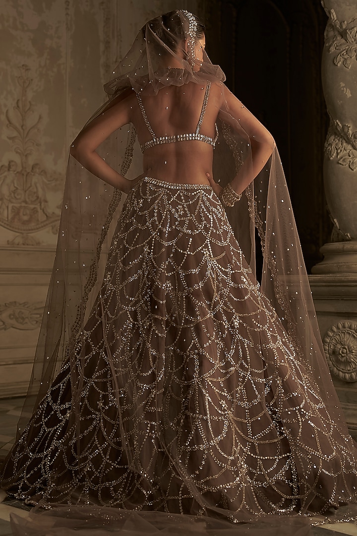 Coffee Net Crystal Embroidered Bridal Lehenga Set by Seema Gujral at Pernia's Pop Up Shop