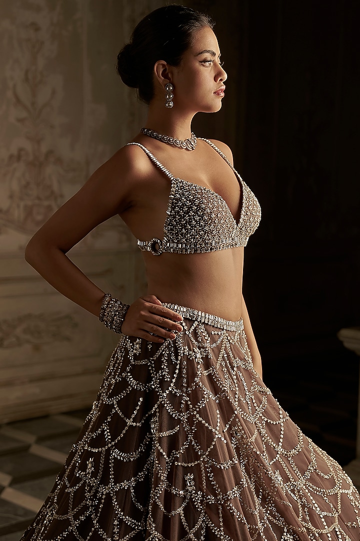 Coffee Net Crystal Embroidered Bridal Lehenga Set by Seema Gujral at Pernia's Pop Up Shop