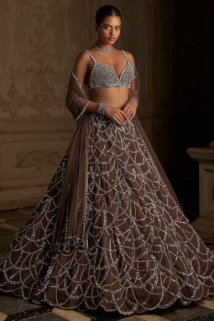 Coffee Net Crystal Embroidered Bridal Lehenga Set by Seema Gujral at Pernia's Pop Up Shop