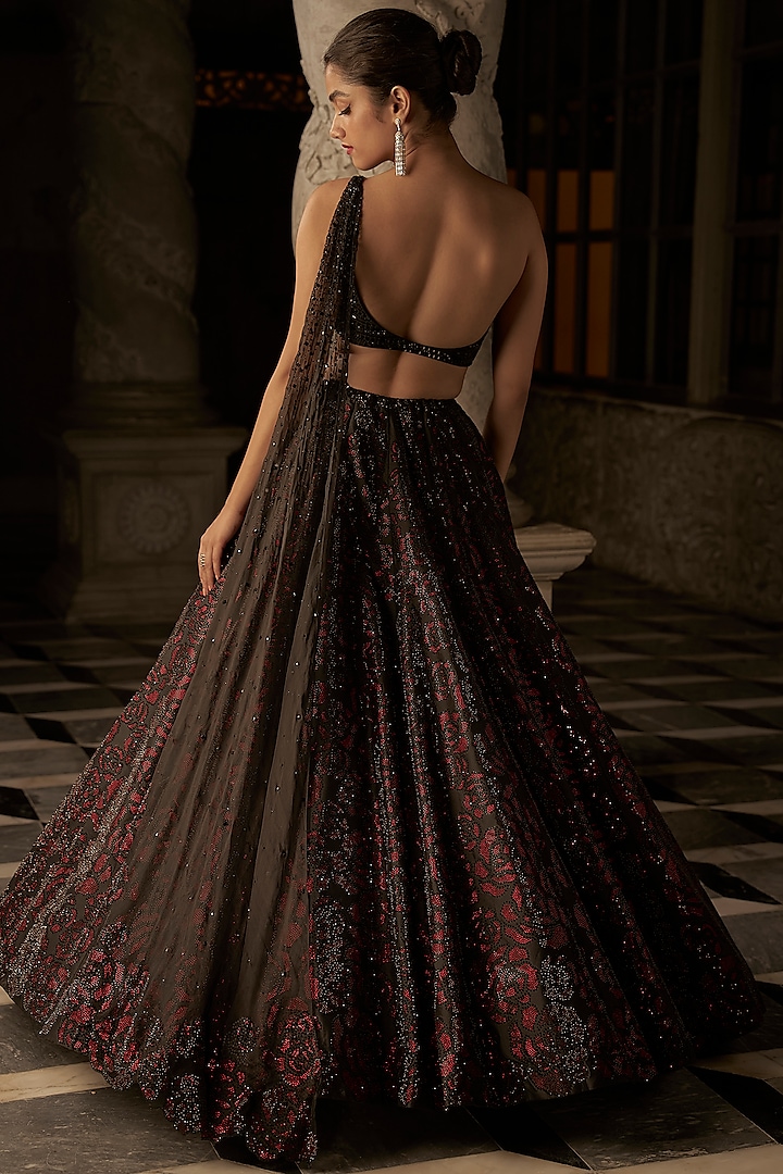 Black Raw Silk Crystal Embroidered Lehenga Set Design by Seema