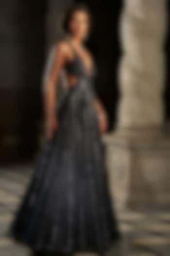 Navy Blue Net Sequins Embroidered Gown by Seema Gujral at Pernia's Pop Up Shop