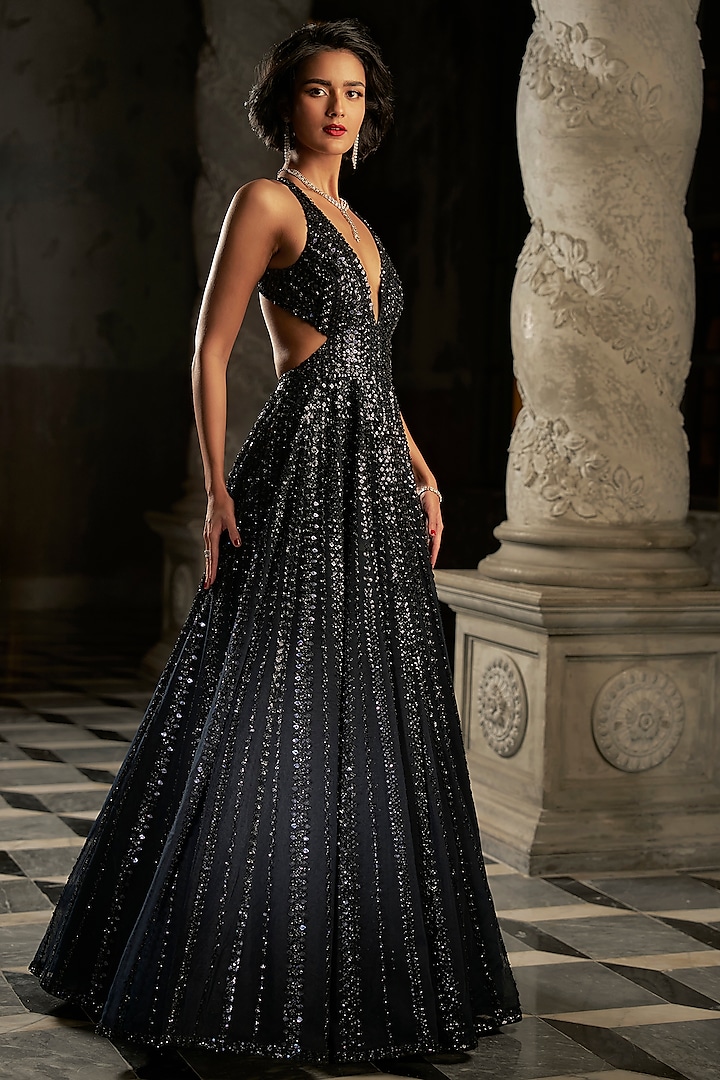 Navy Blue Net Sequins Embroidered Gown by Seema Gujral at Pernia's Pop Up Shop