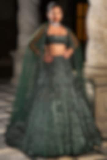 Emerald Green Net Sequins Embroidered Bridal Lehenga Set by Seema Gujral at Pernia's Pop Up Shop