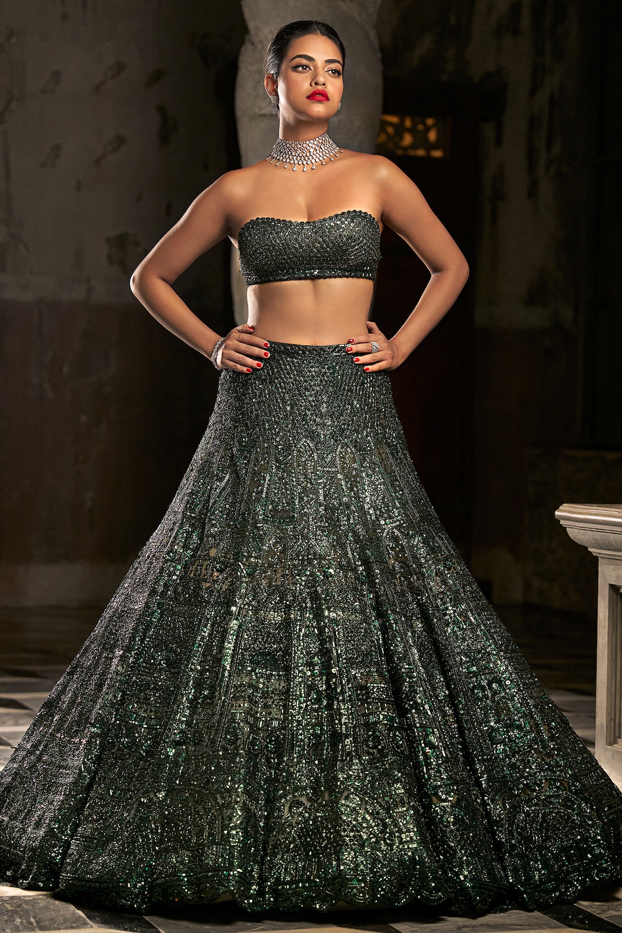 Emerald Green Net Sequins Embroidred Lehenga Set Design by Seema Gujral at  Pernia's Pop Up Shop 2024