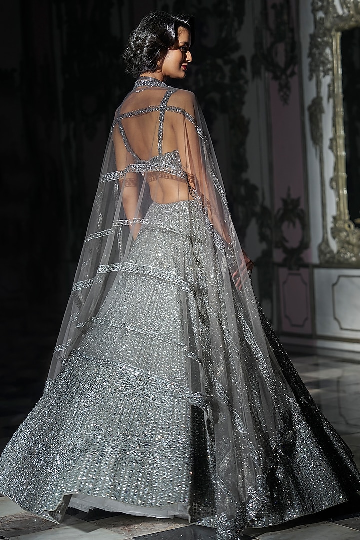 Dark Grey Net Sequins Embroidered Bridal Lehenga Set by Seema Gujral at Pernia's Pop Up Shop