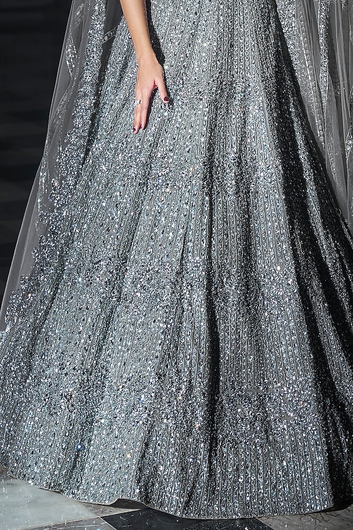 Dark Grey Net Sequins Embroidered Bridal Lehenga Set by Seema Gujral at Pernia's Pop Up Shop