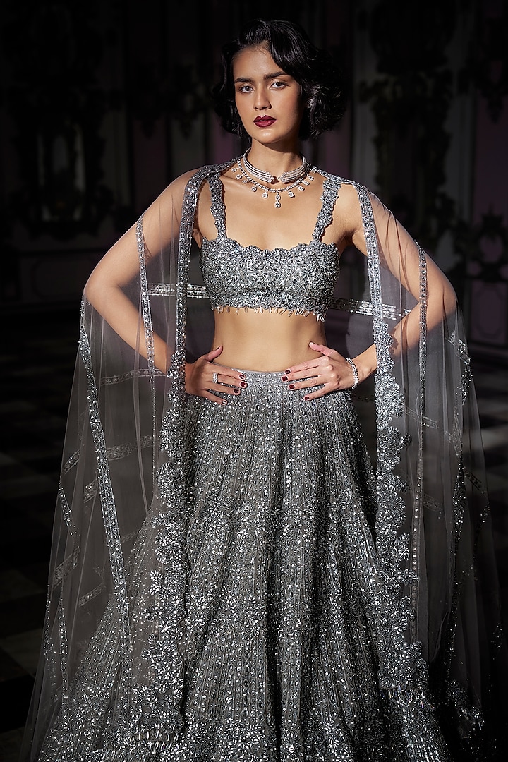 Dark Grey Net Sequins Embroidered Bridal Lehenga Set by Seema Gujral at Pernia's Pop Up Shop