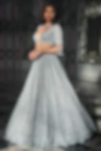 Light Grey Net Crystal Embroidered Bridal Lehenga Set by Seema Gujral at Pernia's Pop Up Shop
