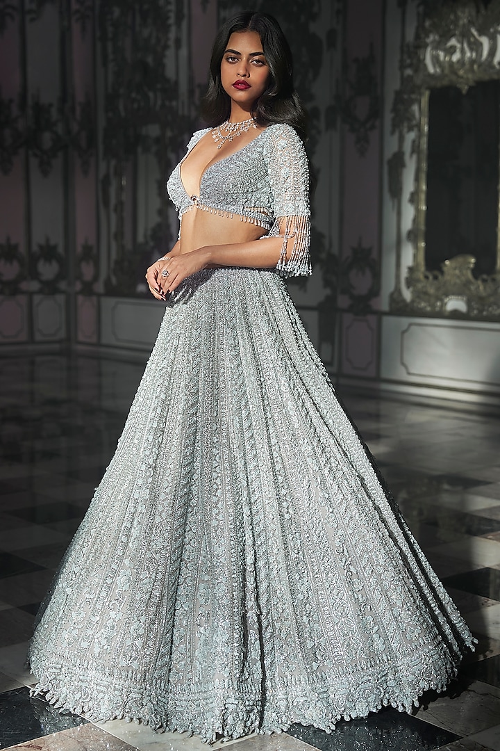 Light Grey Net Crystal Embroidered Bridal Lehenga Set by Seema Gujral at Pernia's Pop Up Shop
