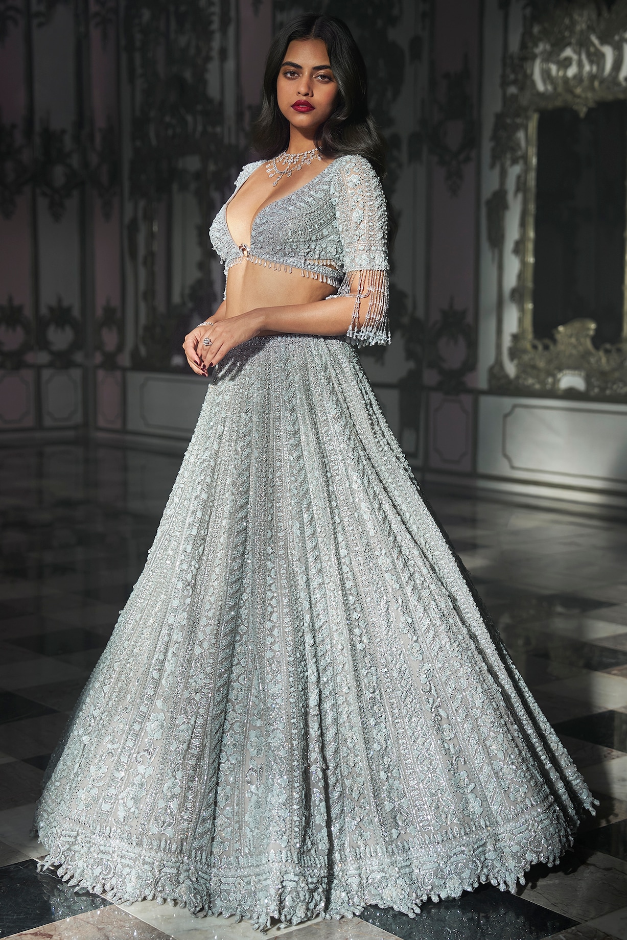 slim fit dress slacks Silver Wedding Dress Satin Ball Gown Lace Embroidery – Lisposa main image 1