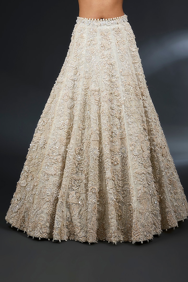 Ivory Net Thread & Pearl Embroidered Bridal Lehenga Set by Seema Gujral at Pernia's Pop Up Shop