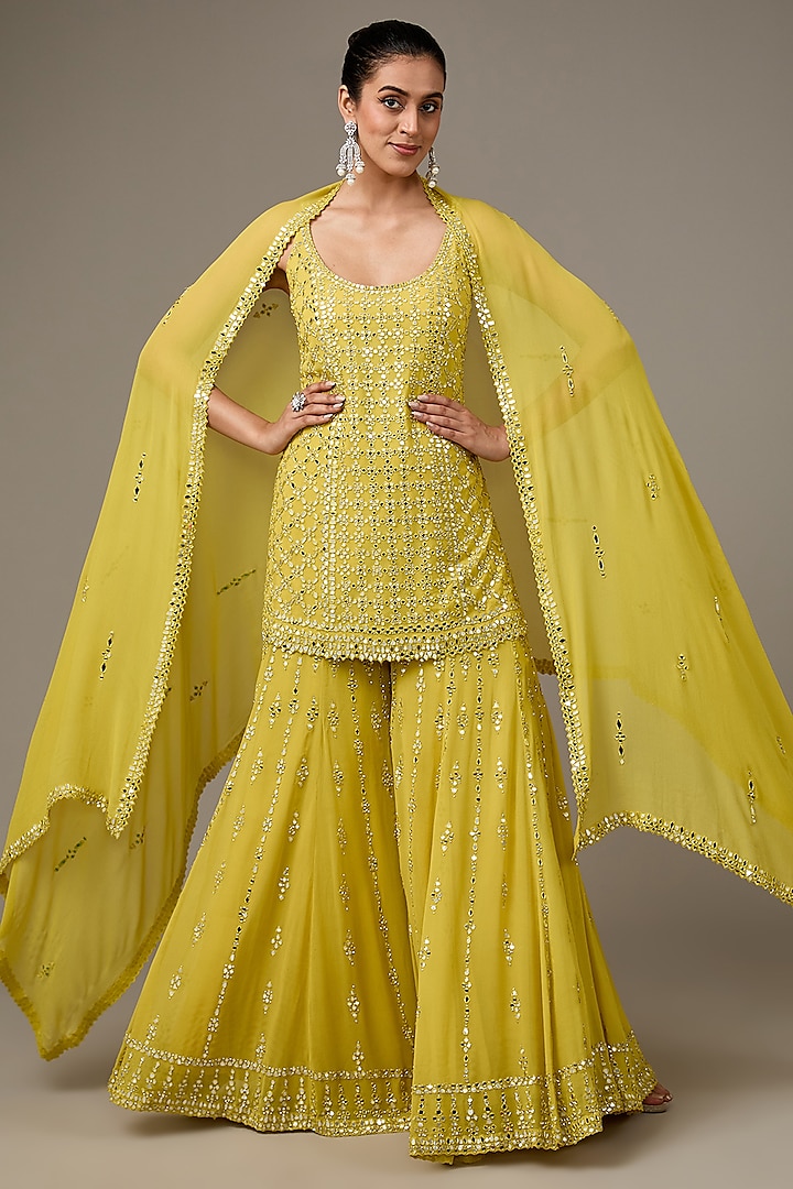 Yellow Georgette Mirror Embroidered Sharara Set by Seema Gujral