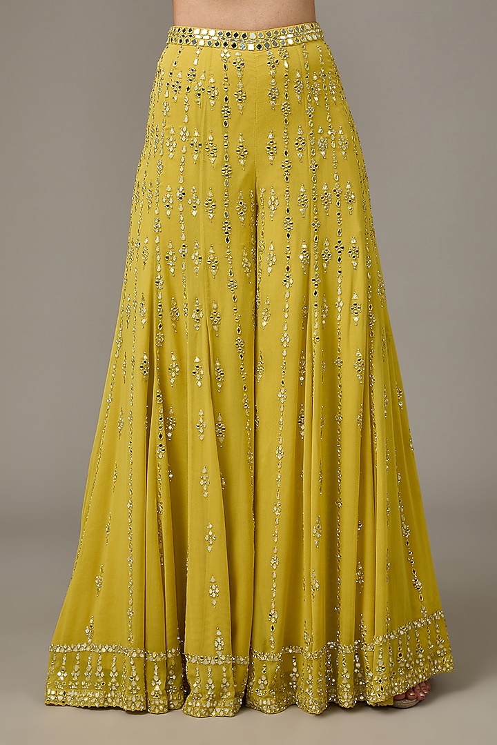 Yellow Georgette Mirror Embroidered Bridal Sharara Set by Seema Gujral at Pernia's Pop Up Shop
