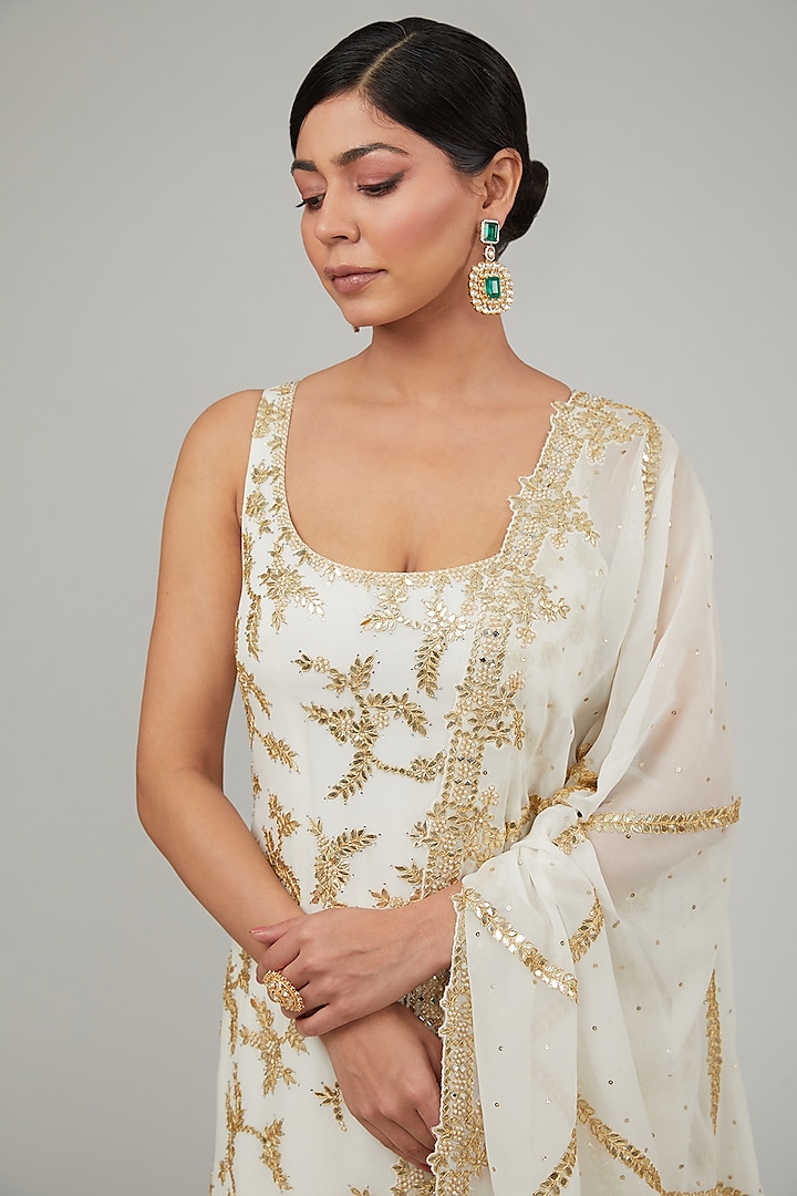 Ivory Georgette Gota Patti Embroidered Bridal Sharara Set by Seema Gujral at Pernia's Pop Up Shop