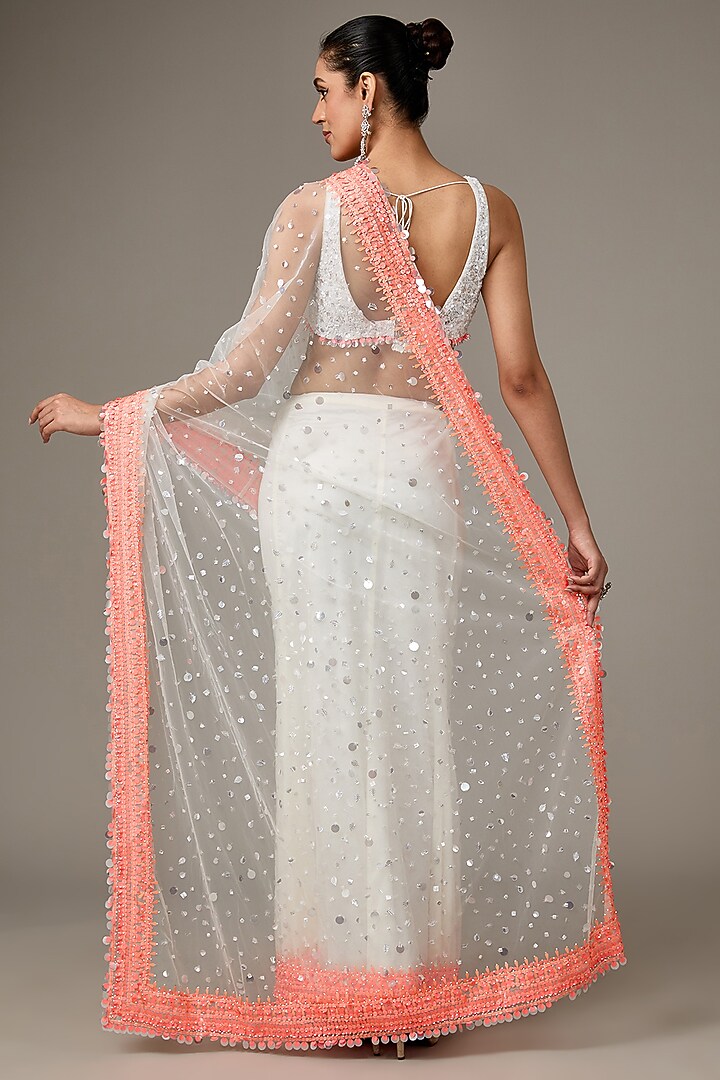 White Net Sequins Embroidered Reception Saree Set by Seema Gujral at Pernia's Pop Up Shop
