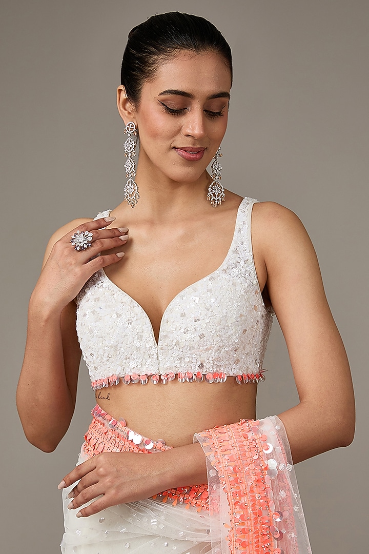 White Net Sequins Embroidered Reception Saree Set by Seema Gujral at Pernia's Pop Up Shop