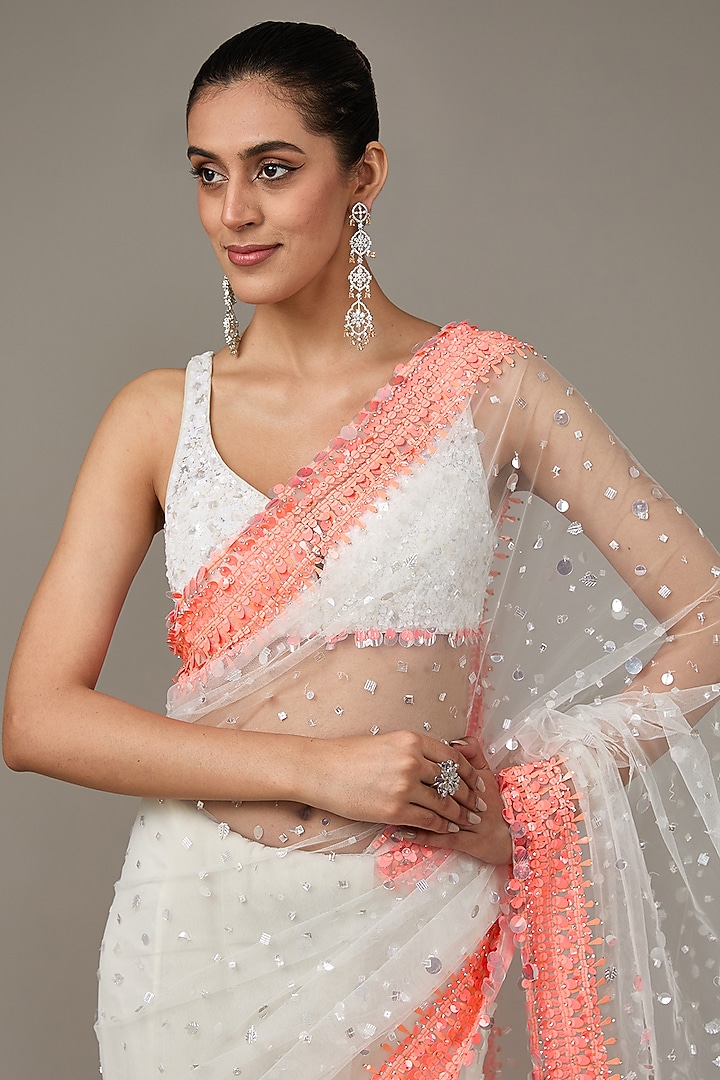 White Net Sequins Embroidered Reception Saree Set by Seema Gujral at Pernia's Pop Up Shop
