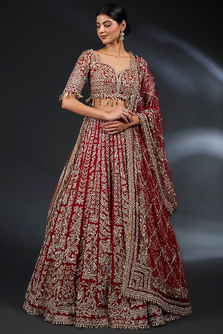 Red Raw Silk Zardosi & Metallic Gold Embroidered Bridal Lehenga Set by Seema Gujral at Pernia's Pop Up Shop