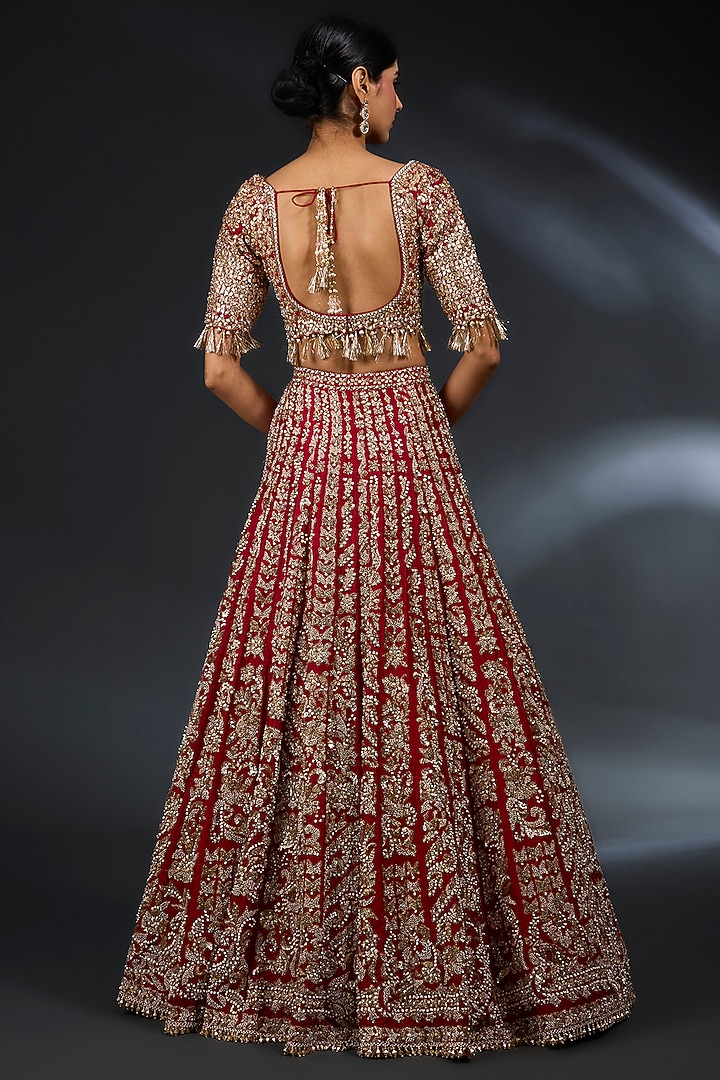 Red Raw Silk Zardosi & Metallic Gold Embroidered Bridal Lehenga Set by Seema Gujral at Pernia's Pop Up Shop