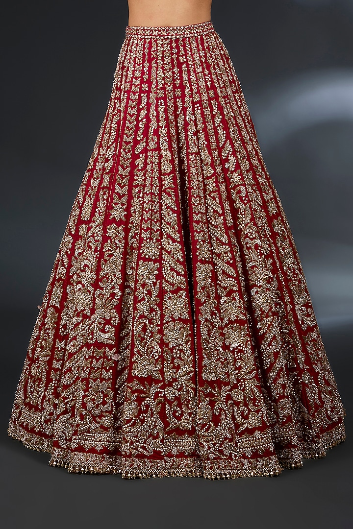 Red Raw Silk Zardosi & Metallic Gold Embroidered Bridal Lehenga Set by Seema Gujral at Pernia's Pop Up Shop
