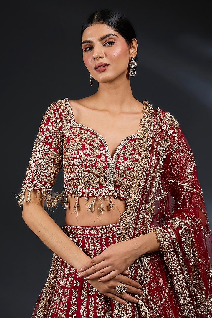 Red Raw Silk Zardosi & Metallic Gold Embroidered Bridal Lehenga Set by Seema Gujral at Pernia's Pop Up Shop