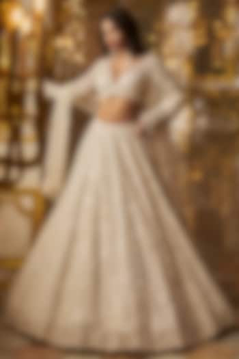 Ivory Net Floral Embroidered Bridal Lehenga Set by Seema Gujral at Pernia's Pop Up Shop