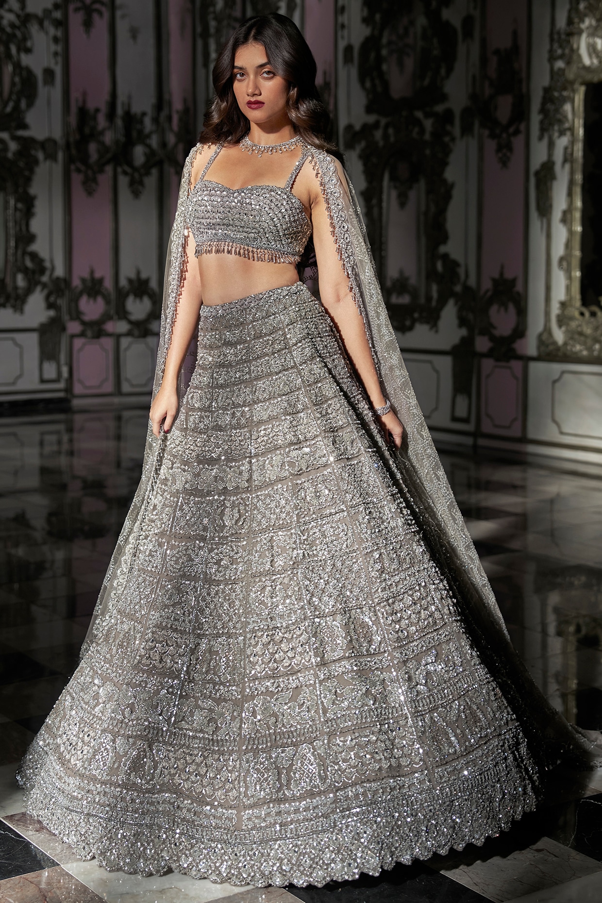 Silver-Grey Pure Silk Organza & Net Hand Embroidered Lehenga Set Design by  Kavita Arora at Pernia's Pop Up Shop 2024