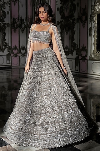 Silver Net Sequins Embroidered Lehenga Set by Seema Gujral