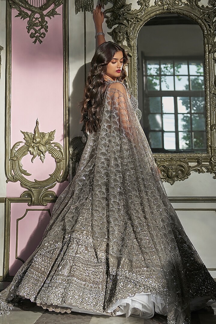 Silver Net Sequins Embroidered Bridal Lehenga Set by Seema Gujral at Pernia's Pop Up Shop