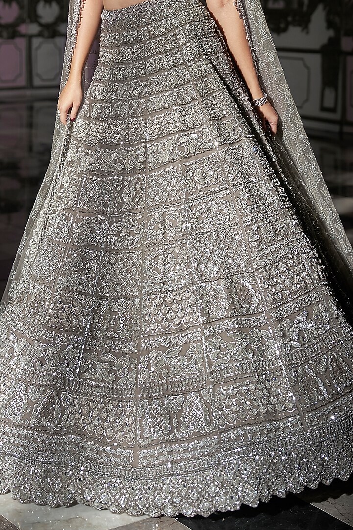 Silver Net Sequins Embroidered Bridal Lehenga Set by Seema Gujral at Pernia's Pop Up Shop