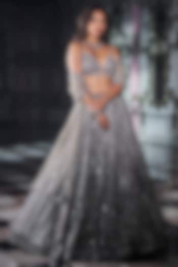 Silver Net Sequins Embroidered Bridal Lehenga Set by Seema Gujral at Pernia's Pop Up Shop