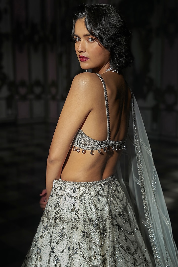 White Net Crystal Embroidered Bridal Lehenga Set by Seema Gujral at Pernia's Pop Up Shop