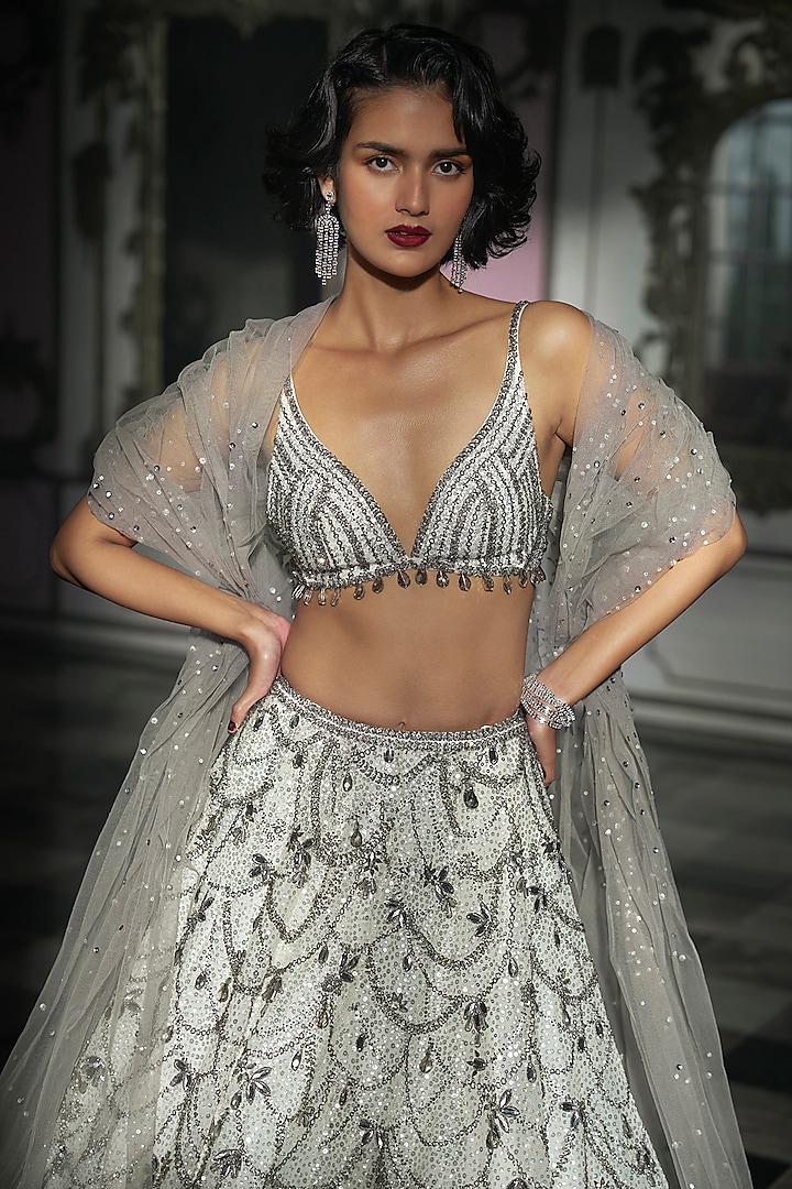 White Net Crystal Embroidered Bridal Lehenga Set by Seema Gujral at Pernia's Pop Up Shop