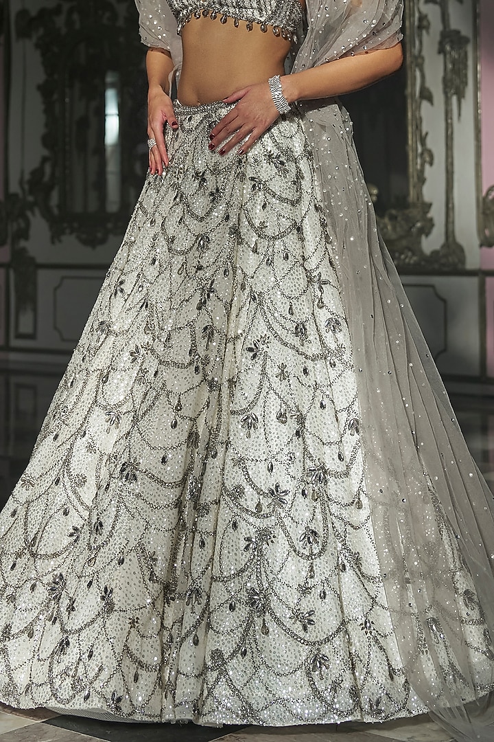 White Net Crystal Embroidered Bridal Lehenga Set by Seema Gujral at Pernia's Pop Up Shop