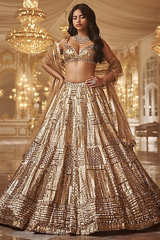Gold Net Sequins Embroidered Lehenga Set by Seema Gujral