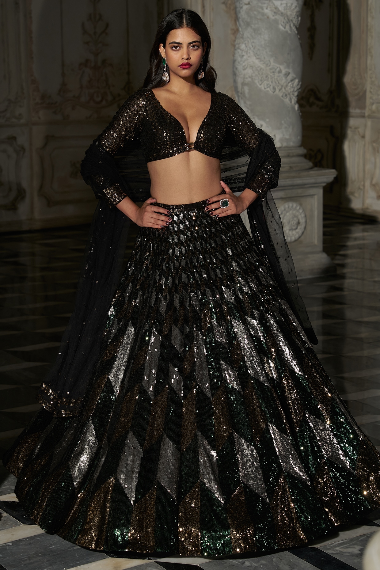 Buy Black Sequin Work Velvet Lehenga Choli From Ethnic Plus